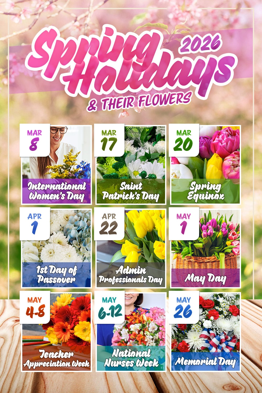 A colorful calendar highlights various spring holidays with corresponding flower themes: International Women's Day (Mar 8), Saint Patrick's Day (Mar 17), Spring Equinox (Mar 20), 1st Day of Passover (Apr 1), Admin Professionals Day (Apr 22), May Day (May 1), Teacher Appreciation Week (May 4-8), National Nurses Week (May 6-12), Memorial Day (May 26). Text: "Spring Holidays 2026 & Their Flowers."