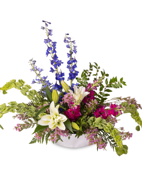 Delphinium, Lily, and Snapdragon Sympathy Arrangement