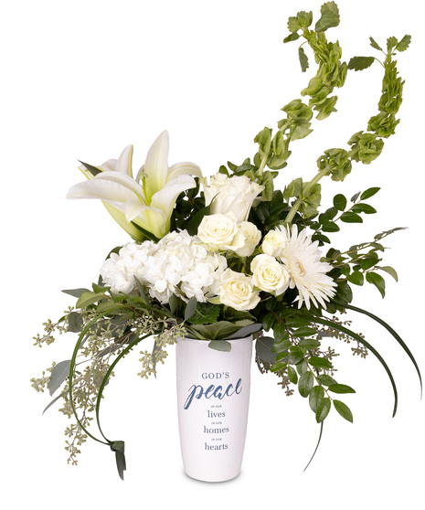 White Lily, Rose, and Bells of Ireland Arrangement