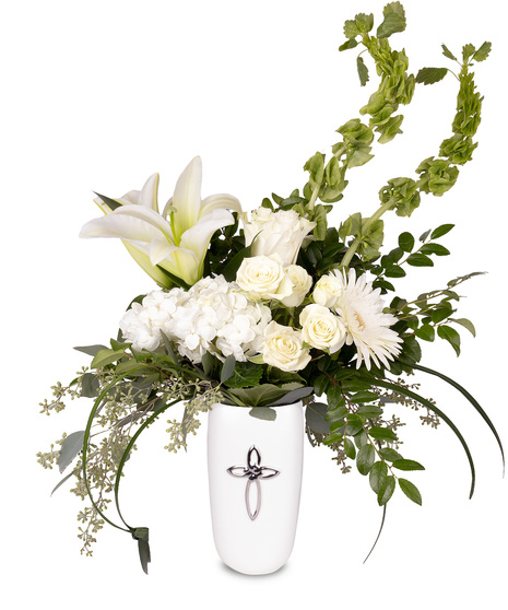 White Lily, Rose, and Bells of Ireland Arrangement