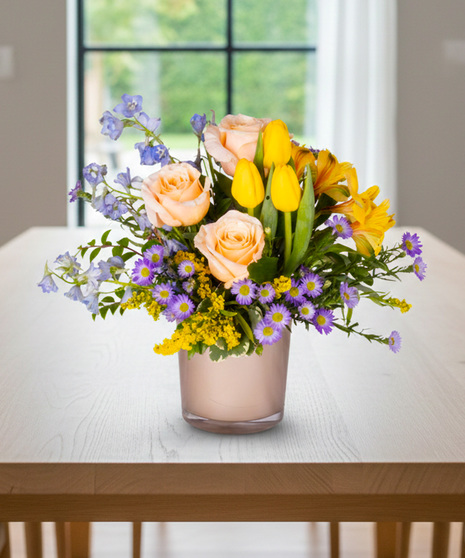 Peach Rose, Yellow Tulip, and Delphinium Mixed Arrangement