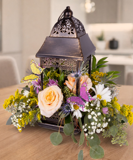 Peach Rose and Daisy Lantern Arrangement